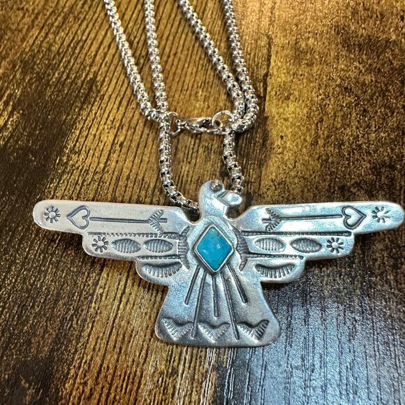 Native American Handcrafted Thunderbird Turquoise and Silver Pendant Necklace, - Picture 8 of 11